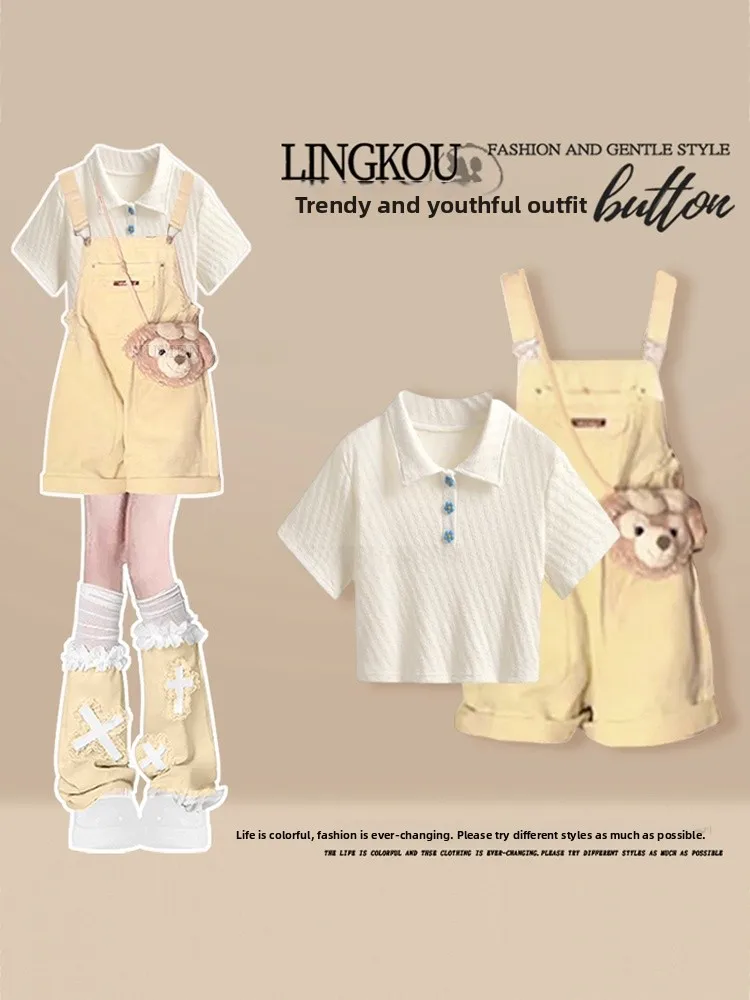 Youthful plus Size Summer Outfit Women's College Sle ort Sve T-irt with Dopne Slimming Denim Overalls Two Piece Set