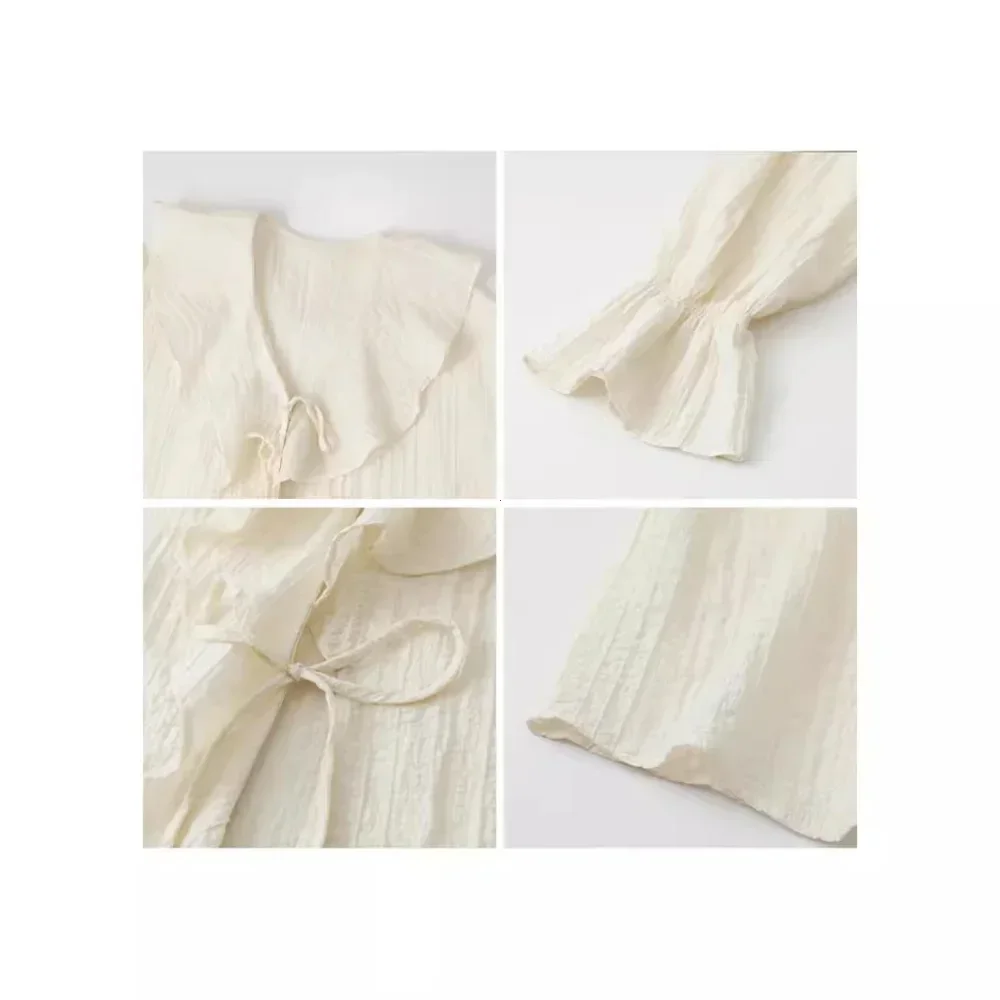 Koszula damska luźna na co dzień z marszczonymi krawędziami bluzki damskie V Neck zasznurować średniej długości koszule damskie wiosna lato 2025