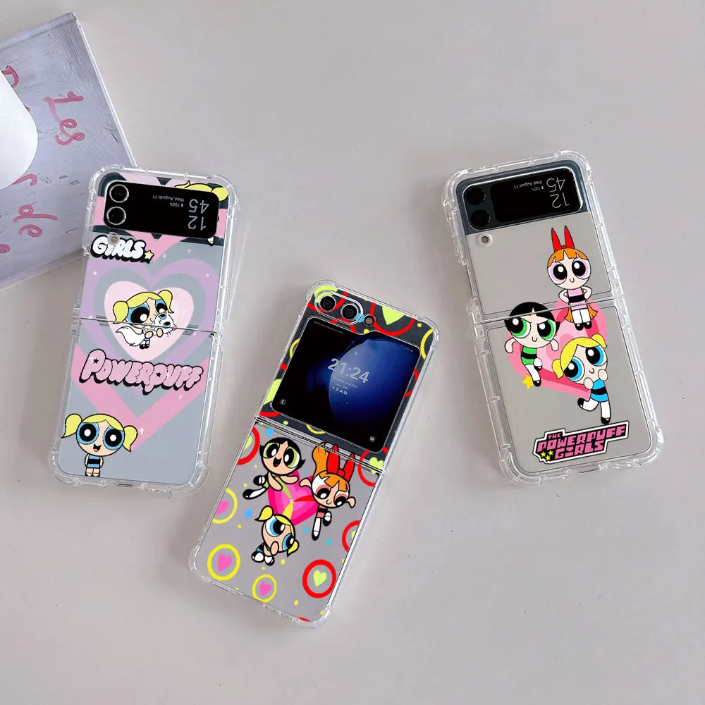 Cartoon The P-Powerpuffs Girls Phone Case for Samsung Galaxy Z Flip 3 4 Z Flip 5 6 Z Fold 4 5G PC Soft Anti-fall Back Cover