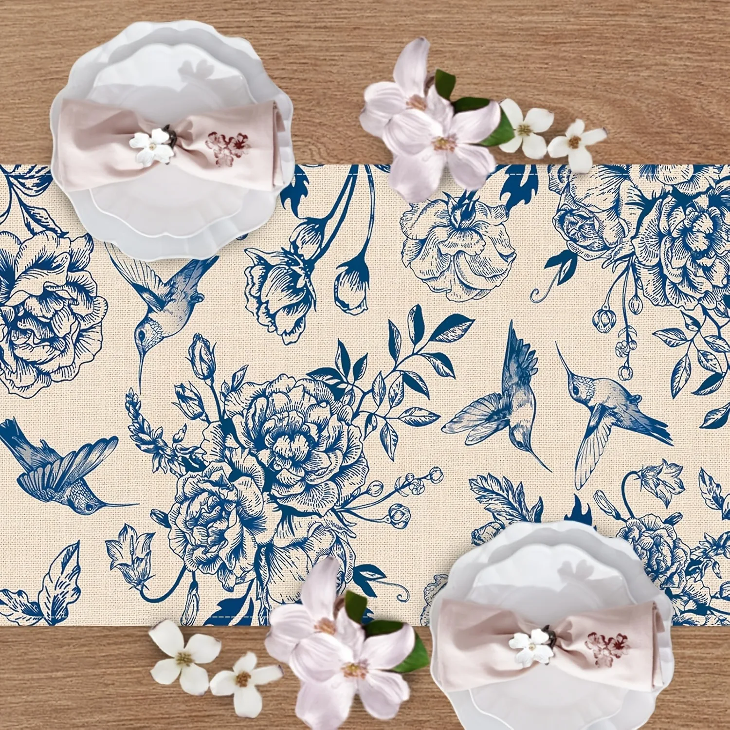 Vintage Blue Sketch Hummingbird & Peony Table Runner, Linen‑Texture Anti‑Slip Dining Table Decor, Elegant Botanical Printed Tabl
