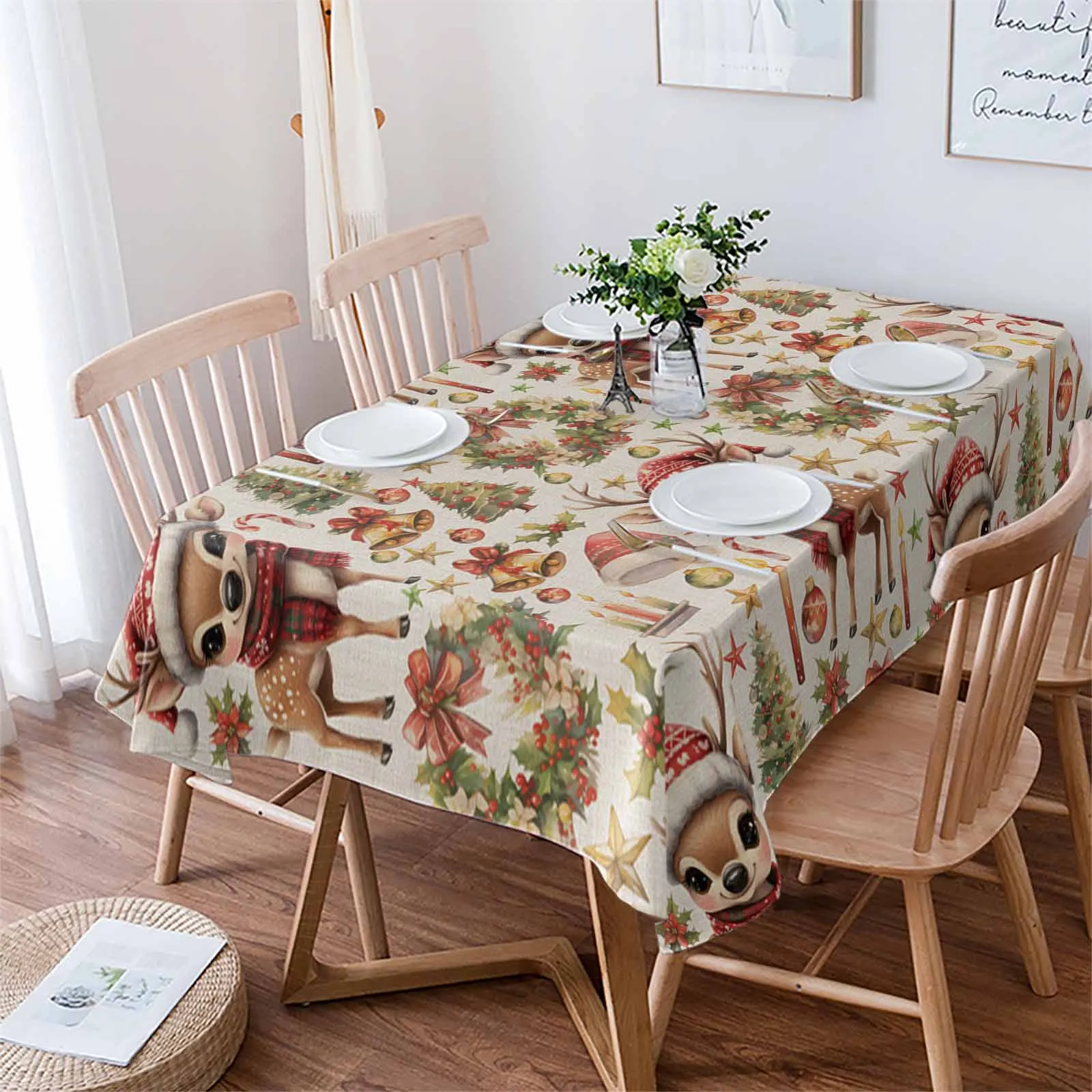 Christmas Winter Bell Wreath Deer Tablecloths Waterproof Kitchen Coffee Table For Living Room Home Decor Dining Table