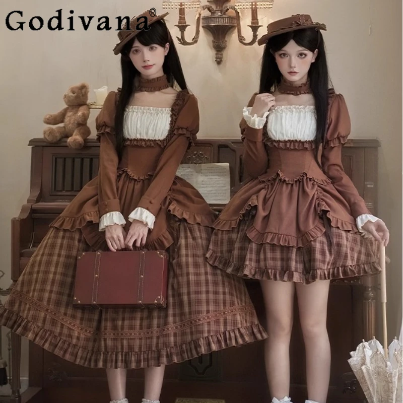 

Original French Elegant Retro Gothic Long Dresses Set Op Autumn New Women's Slim Fit Princess Tea Party Lolita Dress Vestidos