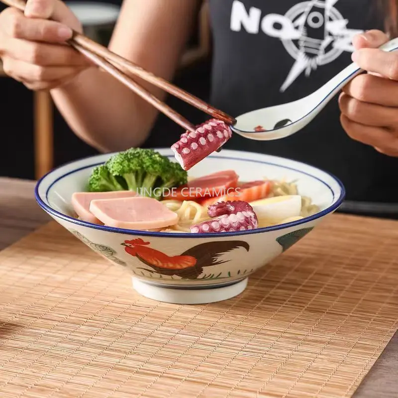 1pc Vintage Rooster Ceramic Bowl, Large Capacity Noodle Soup Bowl, Retro Chinese Porcelain Rice Bowl,  Restaurant Tableware