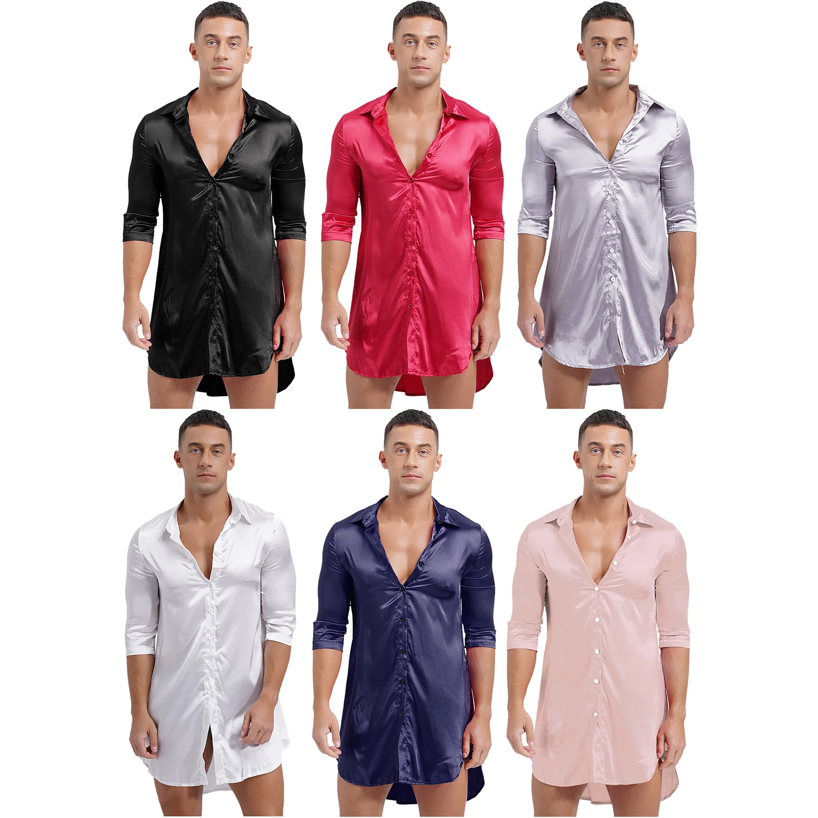 Mens Silky Satin Pajamas Long Loungewear Turn-down Collar Half Sleeve Button-up Curved Hem Sleepwear Sissy Homewear Shirt