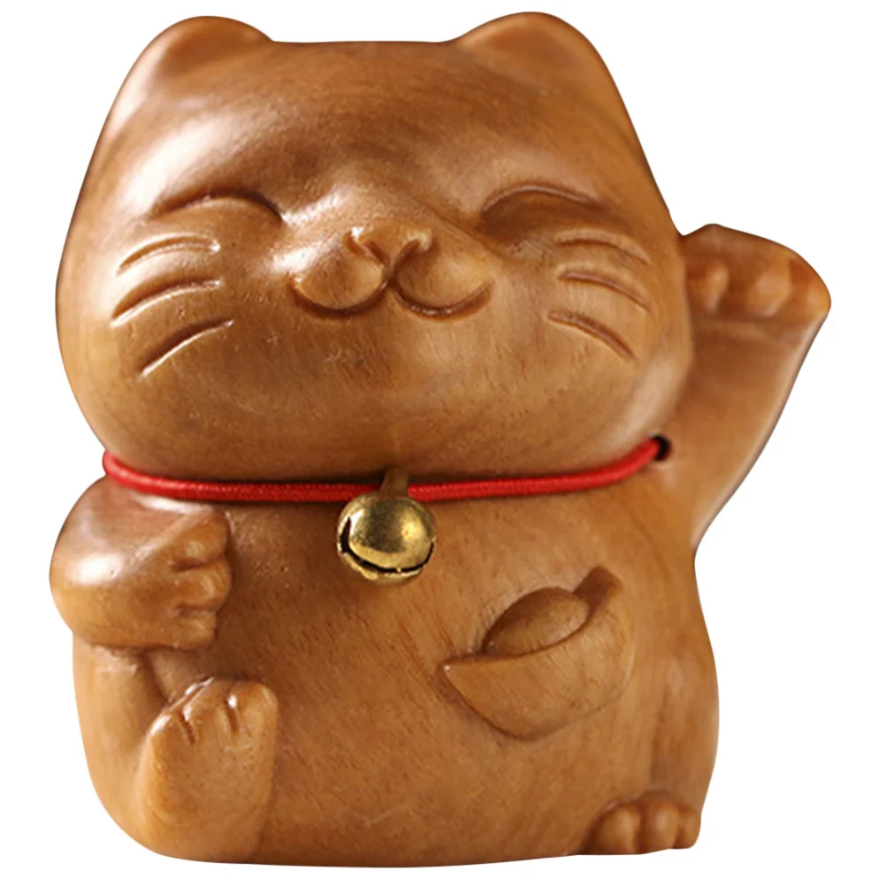 

Small Cat Statue Desktop Creative Decoration Wood Craft Figurine Home Ornament Luck Cartoon Fortune