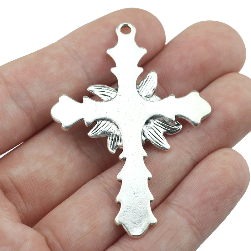 2 Pieces 40*56mm Newest  Mixed Alloy Antique Silver Color Cross Flower Charms Vintage Pendant Accessory For DIY Jewelry Making