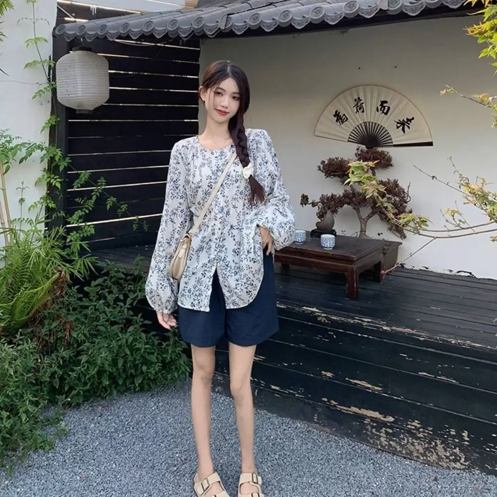 

Сладкая блузка с пышными рукавами для отдыха, свободная блузка с цветочным принтом, повседневная рубашка-кардиган в стиле ретро, женская уличная одежда