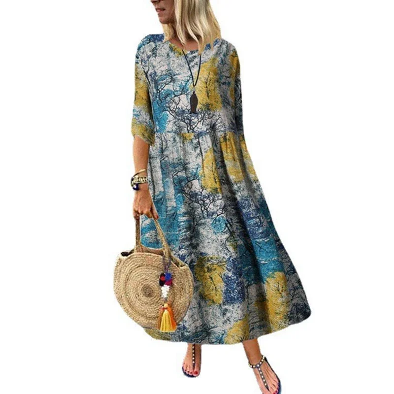 Summer Women\'s Printed Casual Loose Long Dress with Round Neck and Half Sleeves Fashion Loose Long Dress