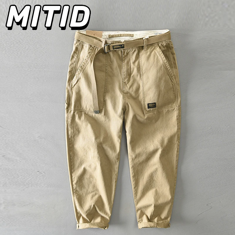 

Japanese Fashion Cargo Pants Men Spring Autumn Men's Pants Casual Baggy Pants Pure Cotton Trousers with Belt Classic Man Pants