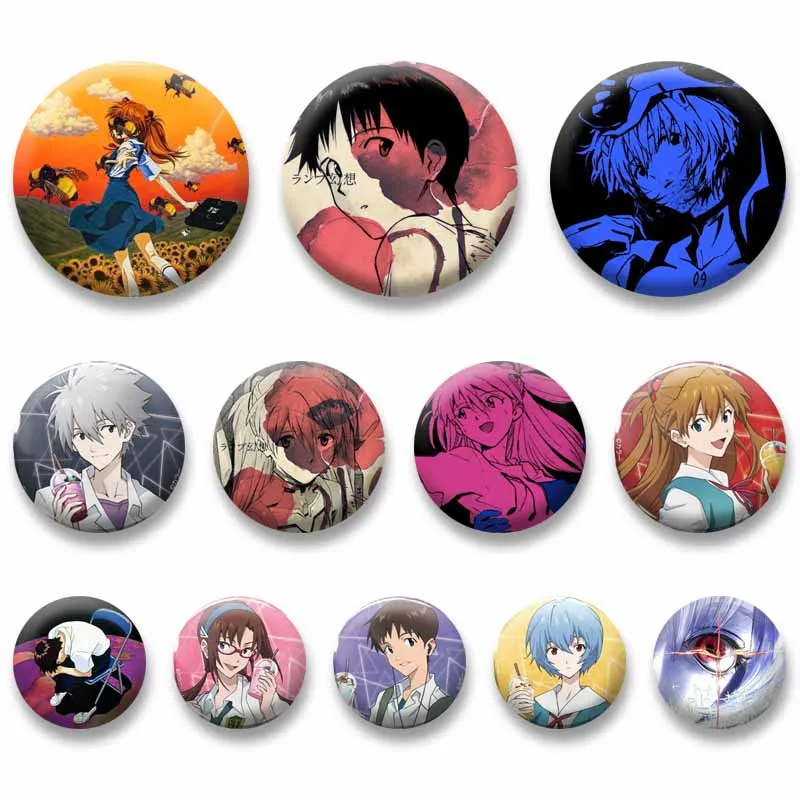 Anime Peripheral Shinji Kaworu Rei Asuka Button Pins Round Cartoon Brooch Cosplay Badge for Bag Decor Fans Collect Friends Gifts