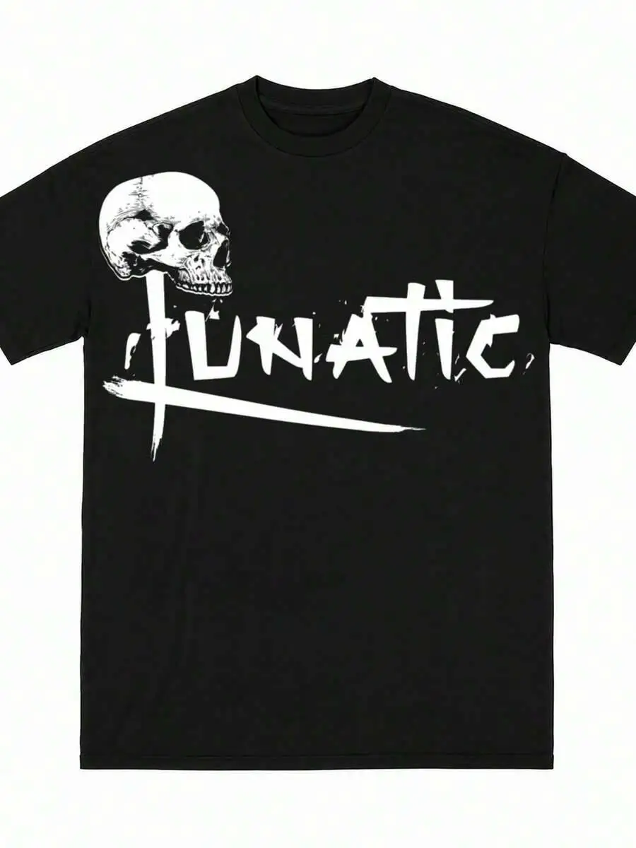 Men's Black Lunatic Skull Letter Large Graphic Print T-Shirt 100% Cotton Trendy Y2K Short-Sleeve Tee-Soft, Quick-Drying,