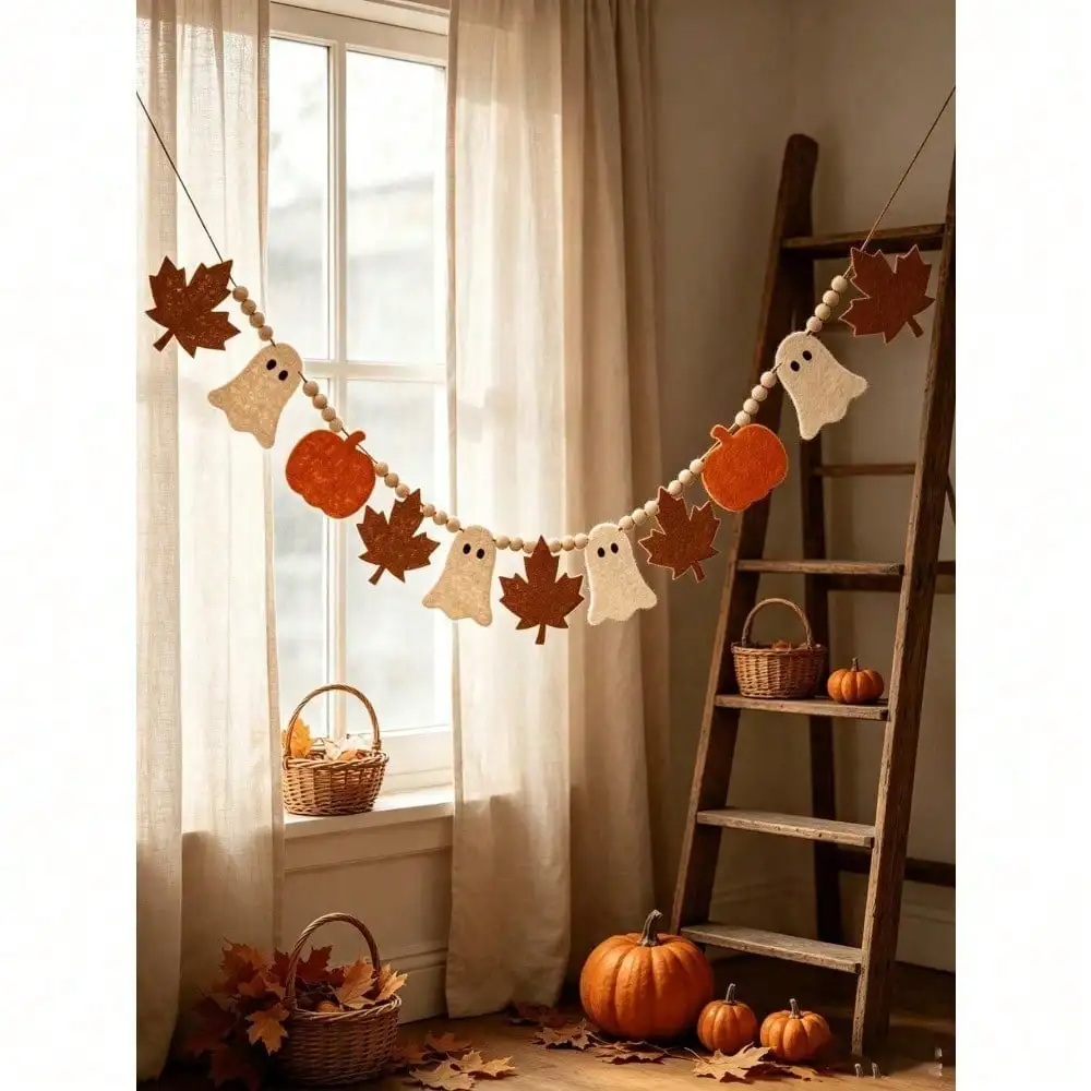 Autumn Harvest Halloween Felt Wreath With Ghost, Pumpkin, Maple Leaf, Wooden Bead Banner, Autumn Thanksgiving Fireplace Wall Hanging Decor, Indoor