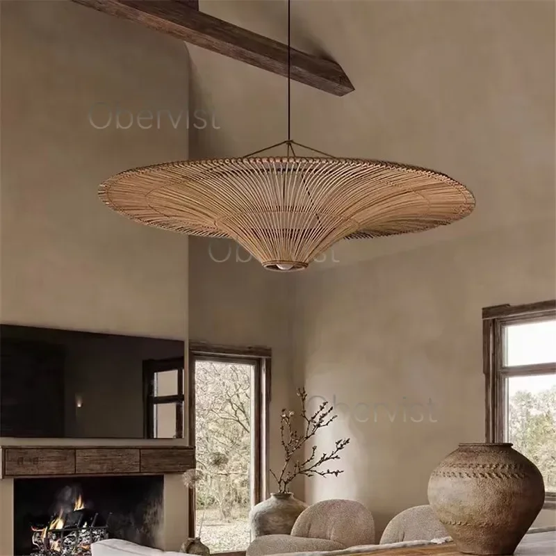 Japanese Retro Wabi Sabi Pendant Lamp Handmade Rattan Light for Restaurant Living Room Bedroom Home Decoration