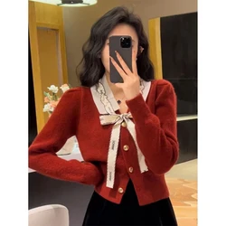 Elegant Bow V-neck Knitting Cardigan Women Autumn Winter Fashion Solid Color Sweater Coat Temperament All-match Knitwear Tops