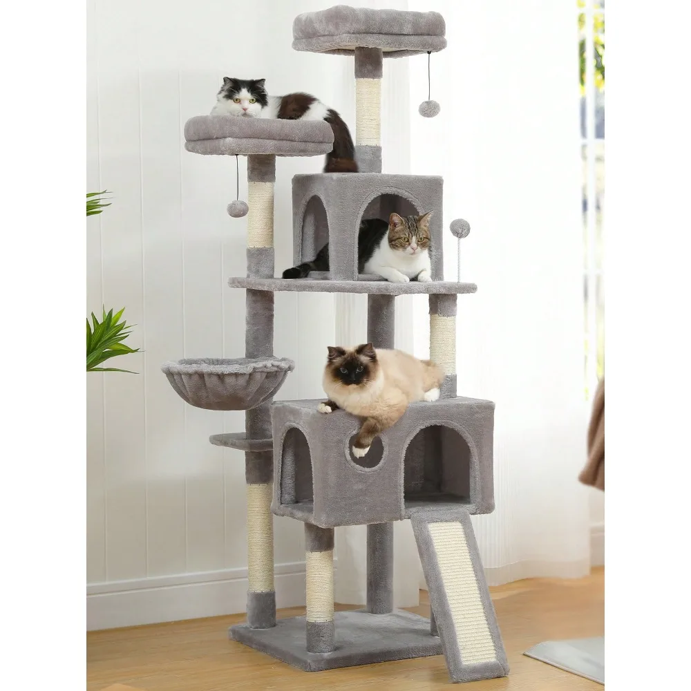 

Large Cat Tree, Multi-Level Cat Tower Scratching Post With Spacious Platforms & Hammock And Replaceable Hanging Balls