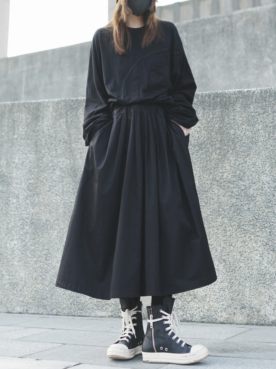 High Waist A-Line Midi Skirt Dark Series Black Mountain Style Women's Spring Autumn Fashion Skirts Casual Polyester Cotton Blend