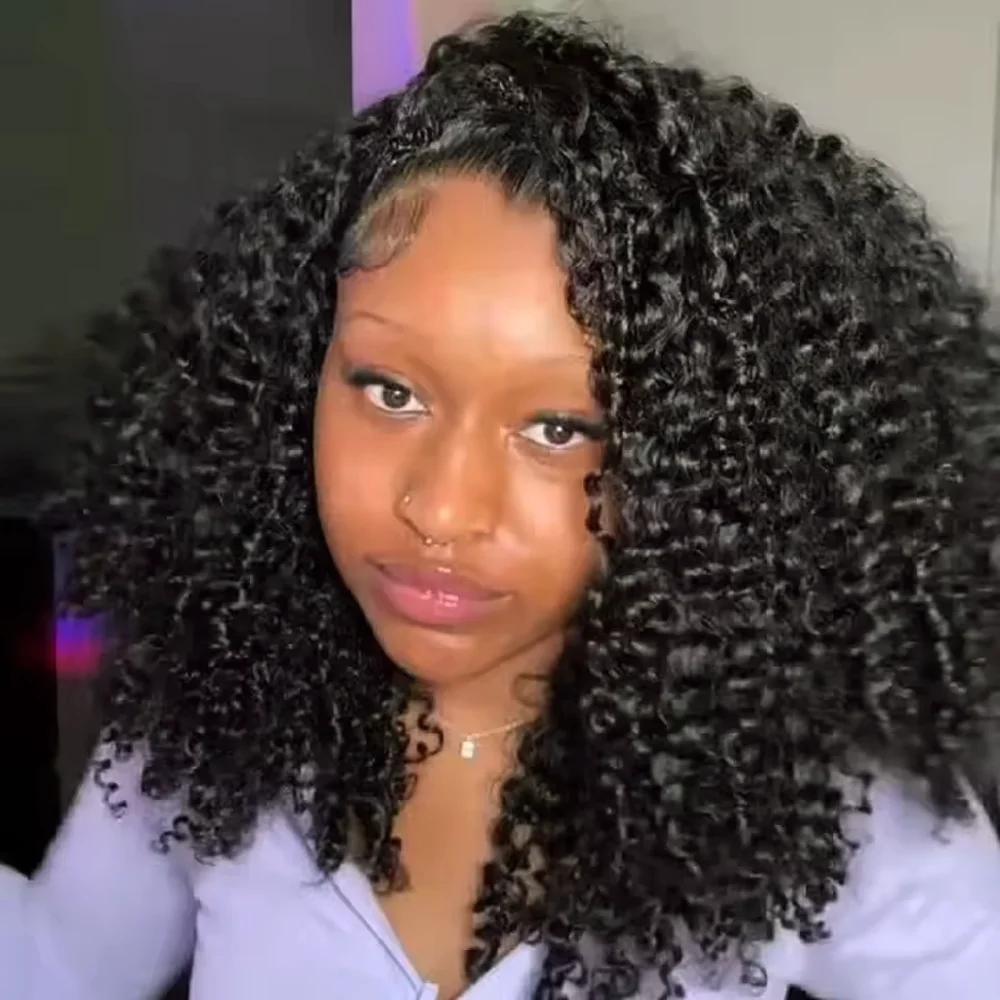 Peluca de media peluca rizada de 16 pulgadas, cabello humano 3 en 1, media peluca sin costuras, cabello humano con ondas de agua, peluca con cordón de cabello humano de 200 de densidad