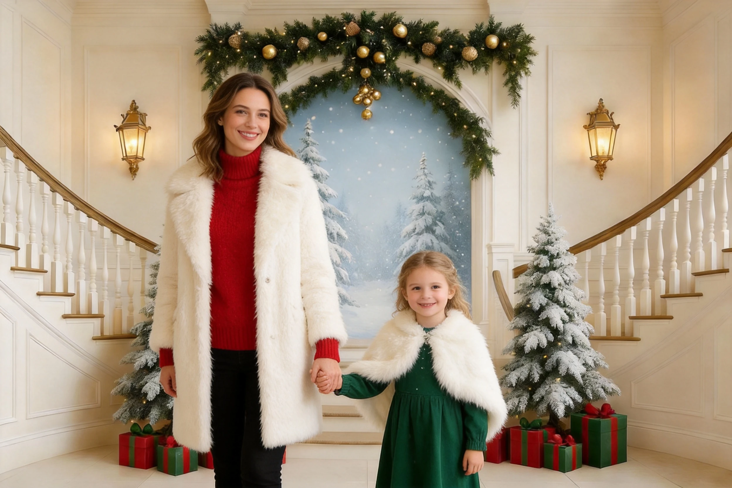 Luxury Christmas Indoor Christmas Tree Gift Decoration White Window Staircase Photo Background For Family Portrait Studio