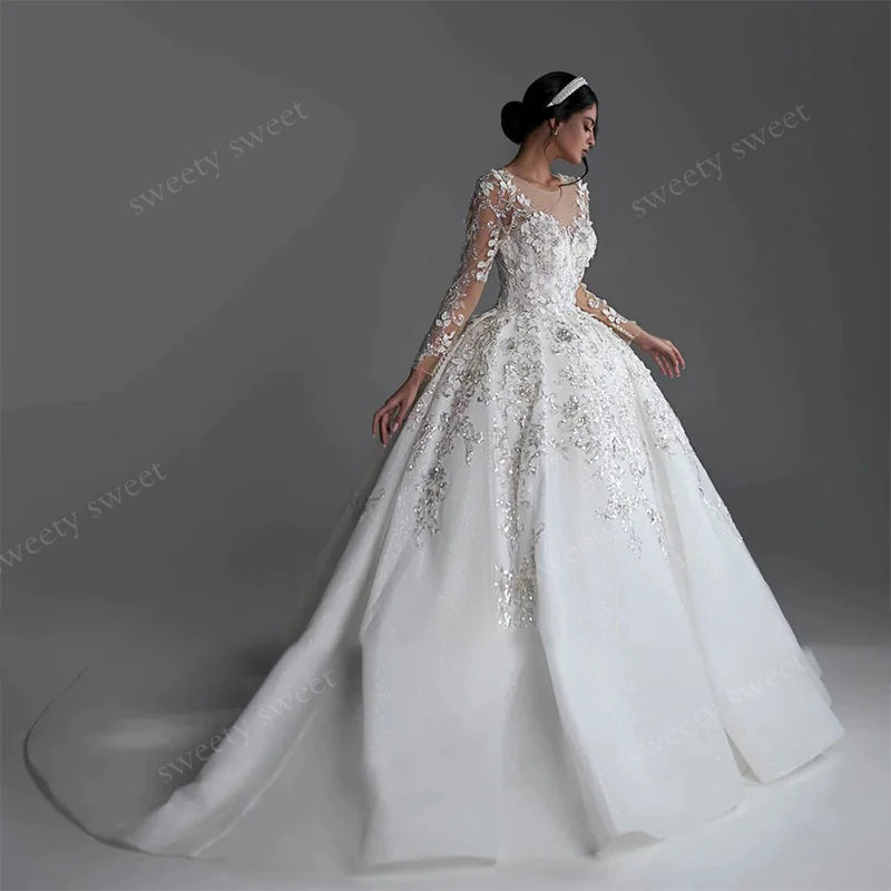 Luxury Wedding Dress Bead Organza With Embroidery Princess Ball Gown Full Sleeve O-Neck Customized Bride Button Vestido De Novia