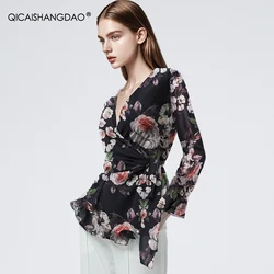 Fashion Floral Printed Women Long Sleeve V-neck Chiffon Top 2024 Fall New Elegant Slim Asymmetrical Female Lace-up Shirt Blouses