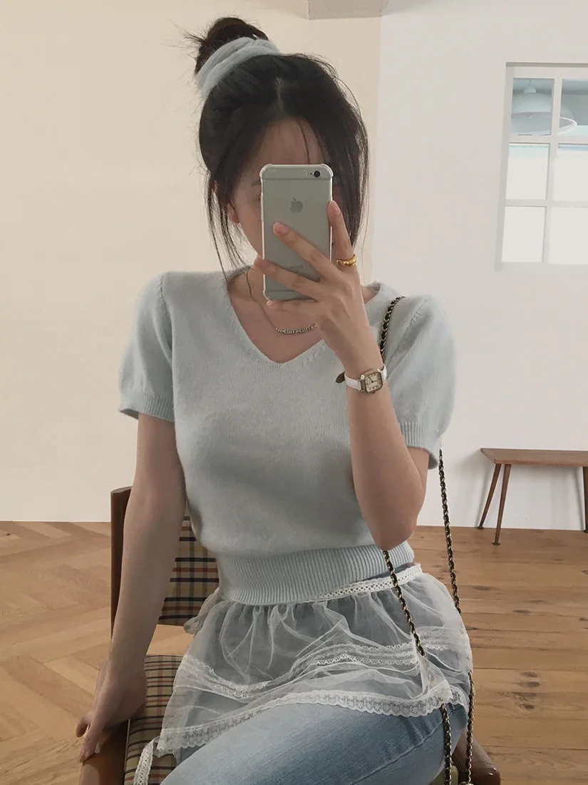 Afslankende V-Ne Knitwear ort Sve Damestop Faionable Chic Koreaanse Sle Loose Fit Polyester Lente Zomer Kleur