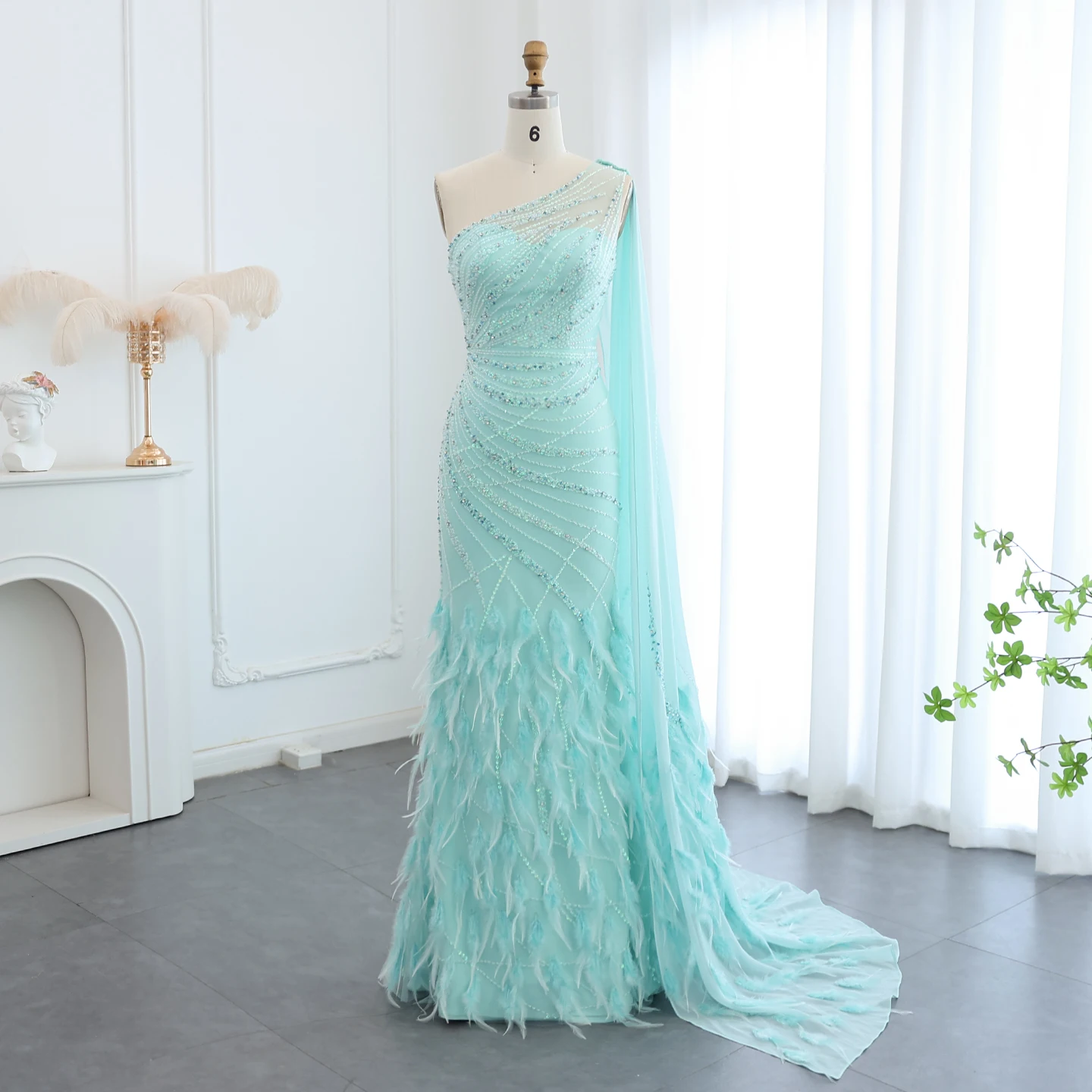 Sharon Said Luxury Feather Turquoise Aqua One Shoulder Evening Dresses with Cape Train Prom Wedding Party Gowns SS498 Customized image 2