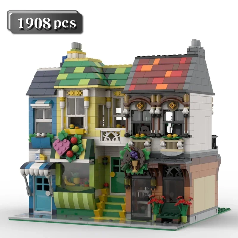 

symoc Old town grocer MOC View architecture model block set Shopping stall Concession building brick Traditional house toy gift