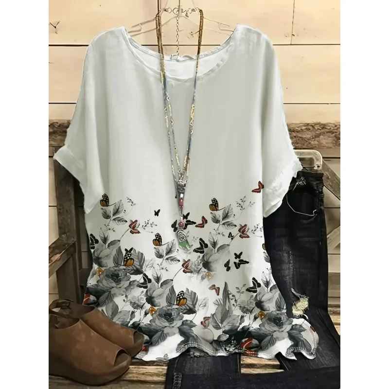 

Женская модная свободная футболка больших размеров с коротким рукавом и v-образным вырезом, повседневный топ с 3D цифровым принтом и цветочным принтом в стиле пэчворк