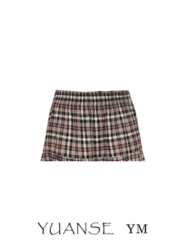 Retro College Style Patchwork Lace  Khaki Plaid Midi Skirt Spring Summer Autumn New Arrival Women's Loose Fit Cake Skirt