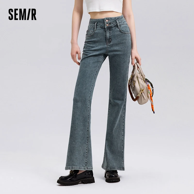 Semir Jeans Women High-waisted Slit Long Trousers 2025 Spring New Soft Denim Flare Trousers