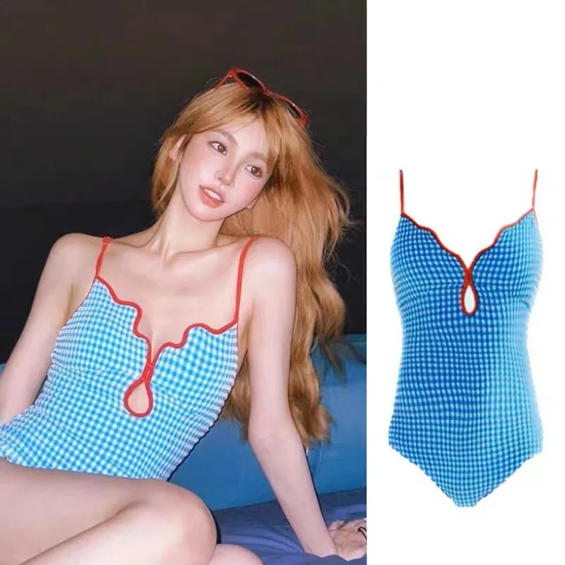Frauen Sexy Einteilige Badebekleidung Stil Niedlich Kariert Open Back Badeanzug Süße Einfache Badeanzug Sommer Beachwear Badeanzug Kleid – Detail 7