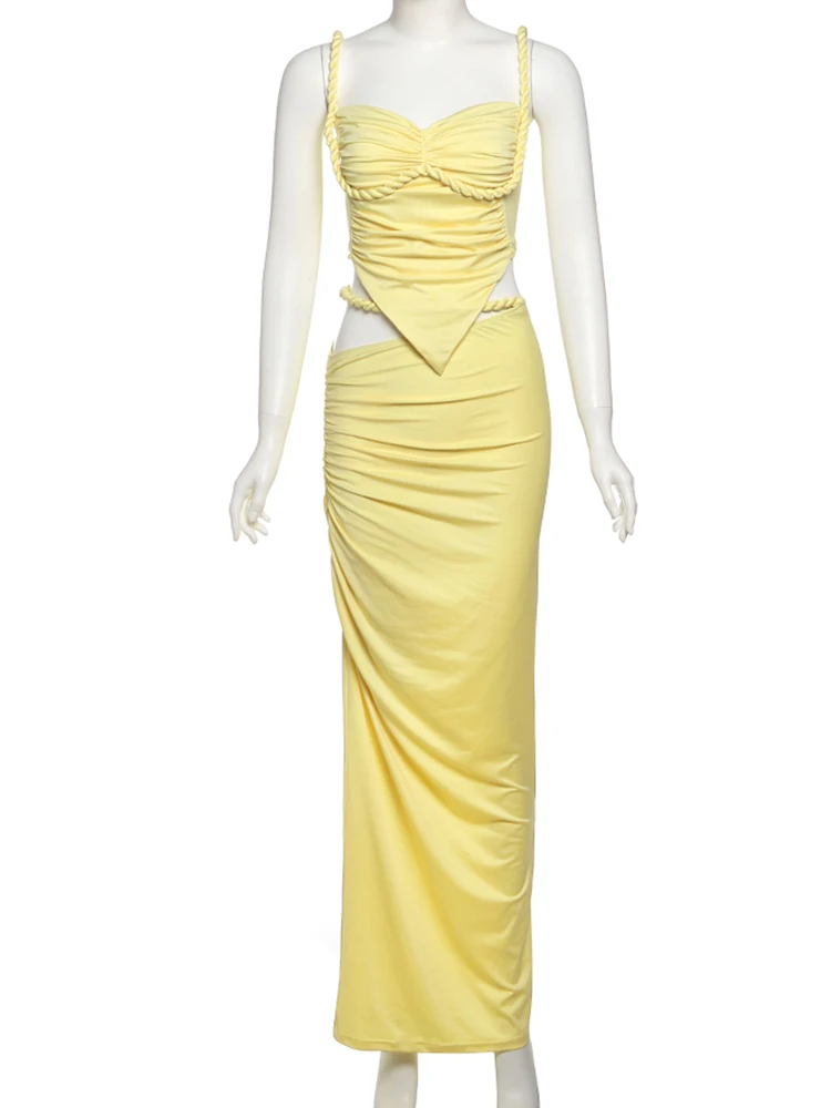 Sisterlinda 우븐 스트랩 2 피스 세트 여름 휴가 스플 라이스 불규칙한 플리츠 캐미솔 + 슬래시 허리 맥시 스커트 코디네이트 의상