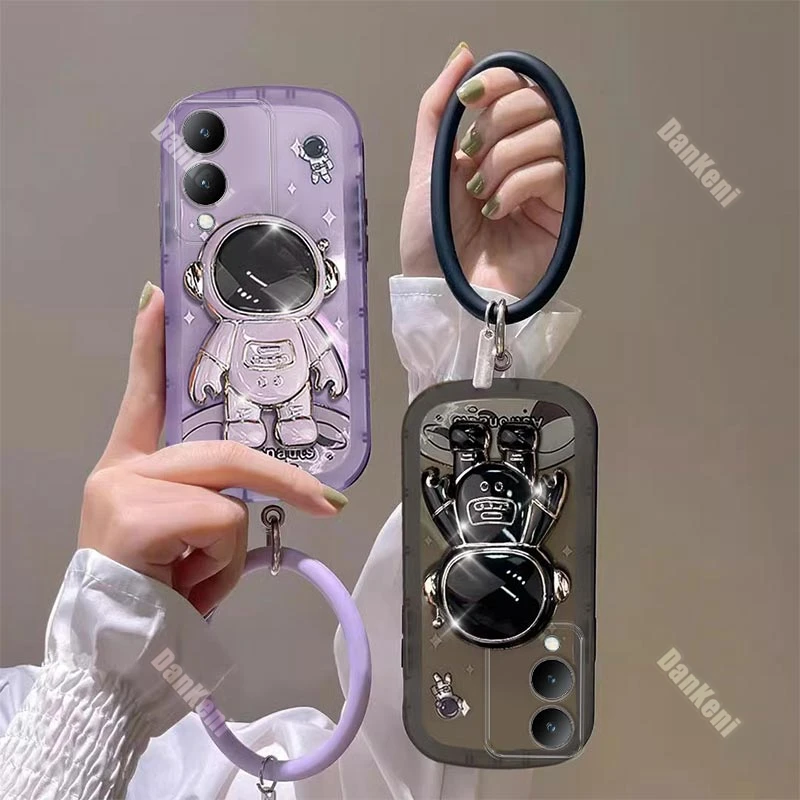 Shiny Astronaut Bracelet Silicone Holder Phone Case For VIVO Y12 Y11S Y12S Y12i Y17S Y15S Y16 Y19 Y78Plus Y35Plus Y75 Y51S Cover