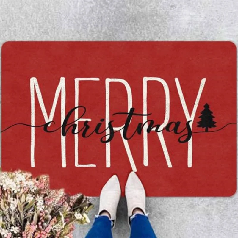 VIKAMA Merry Christmas Doormat Red Plaid Reindeer Sleigh Snowflake Welcome Mat Non Slip Soft Flannel Floor Rug for Front Door