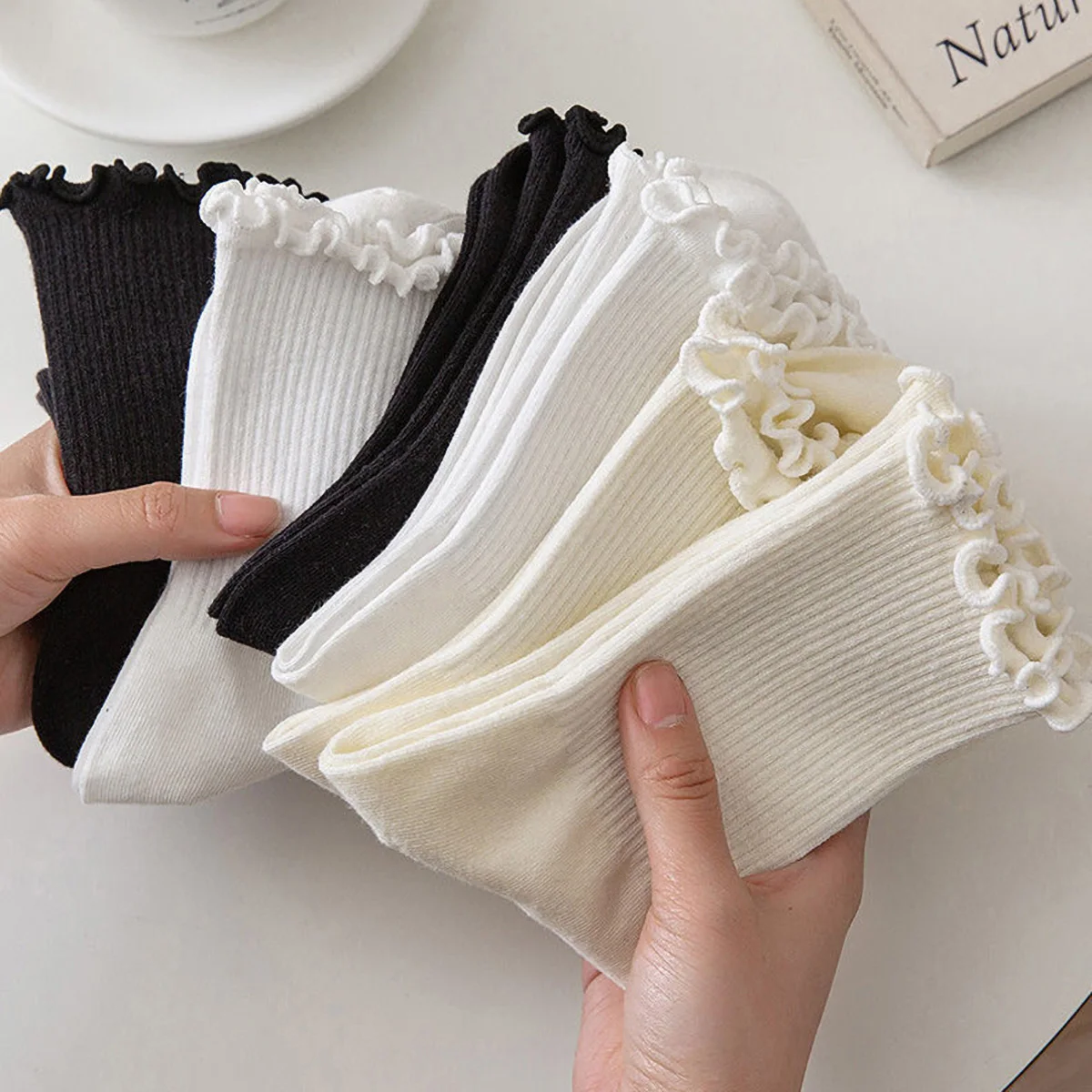 

1/5 Pairs Women Ruffle Frilly Socks Black White Novelty Funny Ankle Socks Cute Solid Breathable Fashion Crew Socks