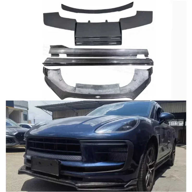 

Для Porsche Macan S T GTS 2022 2023 2024, бампер из настоящего углеродного волокна, передняя губа, задний диффузор багажника, спойлер, боковая юбка, комплект кузова