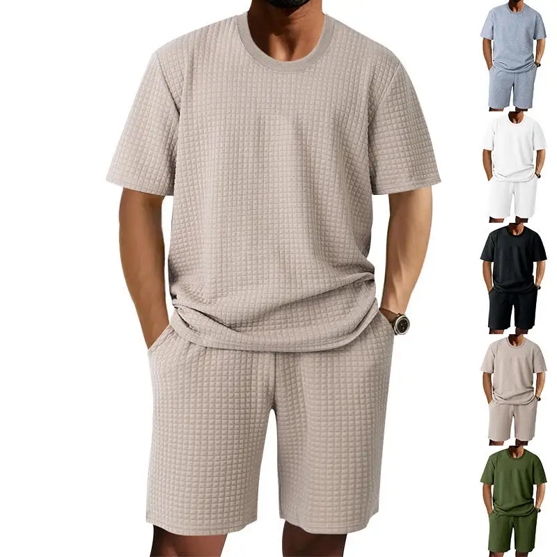 

Men's Summer Casual round Neck Short Sleeve T-shirt And Shorts Set Heavyweight Vintage Floral Patterned Square Grid Design