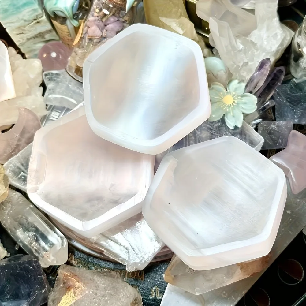 Natural Selenite Hexagons Bowl Handcarved Shape Crystal Mineral Specimen Energy Decharging Meditation Crystal Gift Home Decor