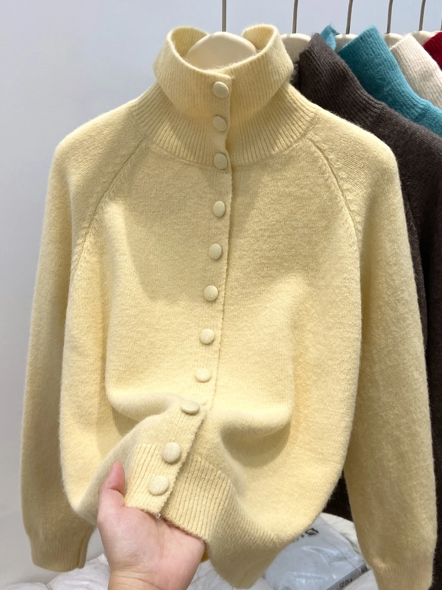 

Women's New Autumn Winter Solid Knitter Sweater Red Turtleneck Single-breasted Pullover Cardigall Gray Soft Warm Base Layer Top