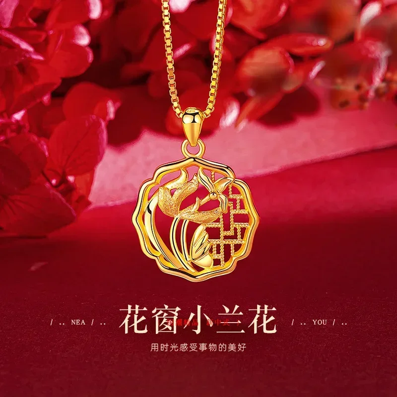 9999 Real Gold 24K Women's Window Grilles Flower Necklace Flower Window Orchid Pendant Women's Collarbone Necklace