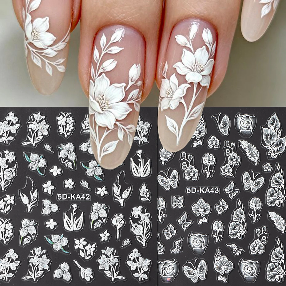 White Floral Leaf Nail Stickers for Nail Art - Small Fresh Spring Floral Patterns Self-Adhesive Nail Embellishments DIY Manicure