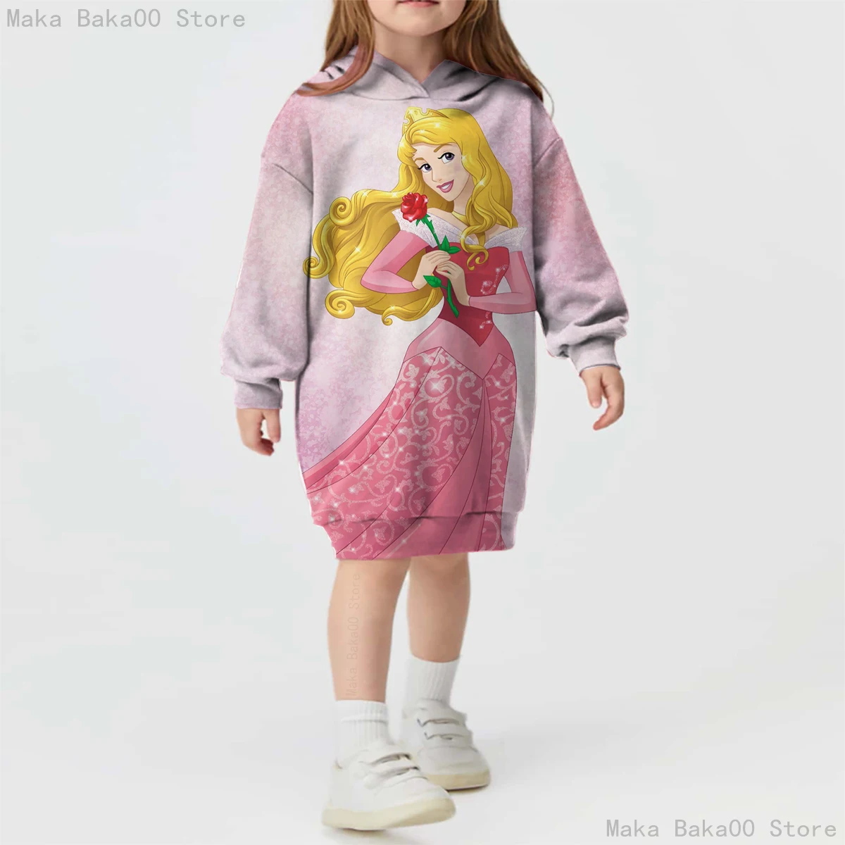 Fall Winter Girls Disney Aurora Sleeping Beauty Princess Hoodie Kids Dress Printed Dress Long Sleeve Pullover 2023