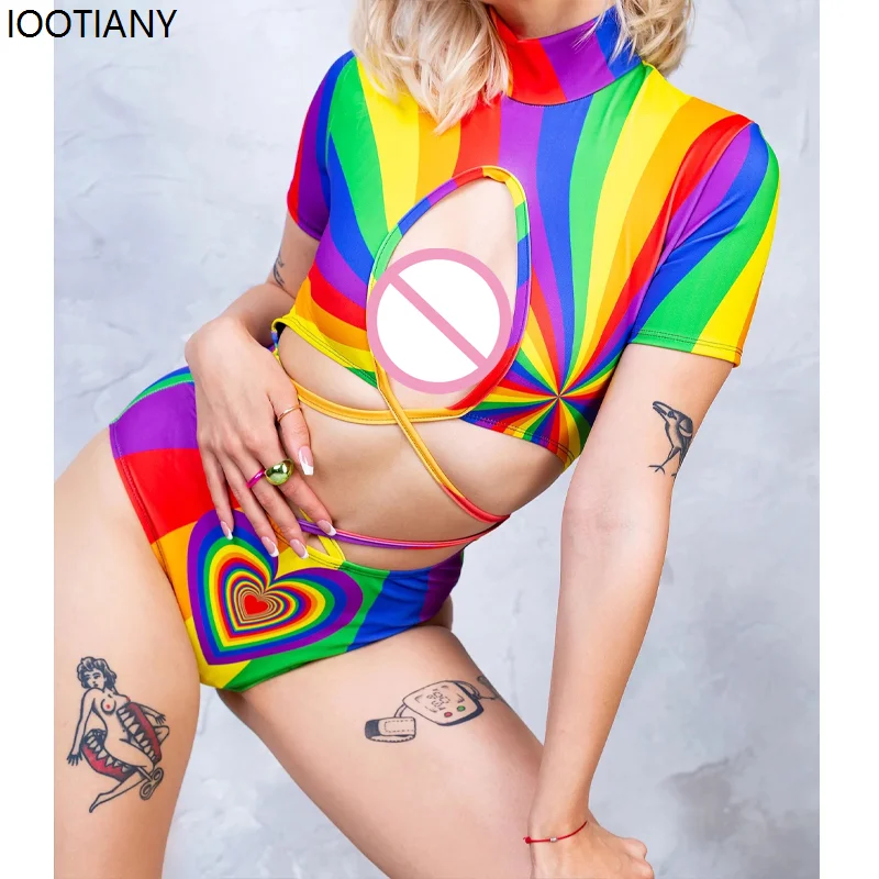 Summer Colorful Tie-dye Print Suspender Swimsuit Women Sexy Jumpsuit High Neck Bikini Halloween Carnival Festival Party Swimwear