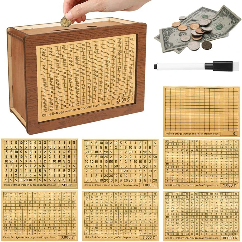 

Retro 10000 Euro Money Box Piggy Bank Wood Money Bank Reusable Moneybox with Saving Goal and Numbers Storage Japanese Gift Boxes