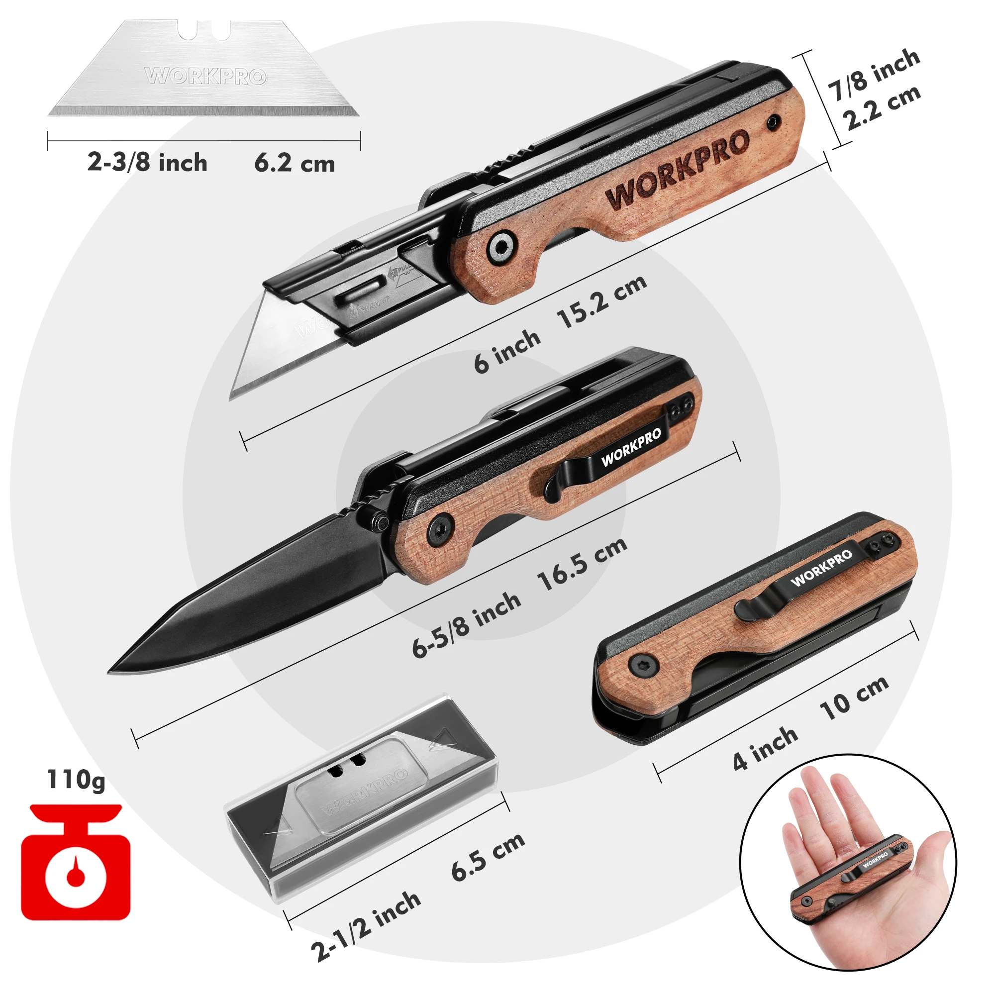WORKPRO Folding Utility Knife Wood Handle for Box Cutter ,Camping With 10 Replaceable Blades