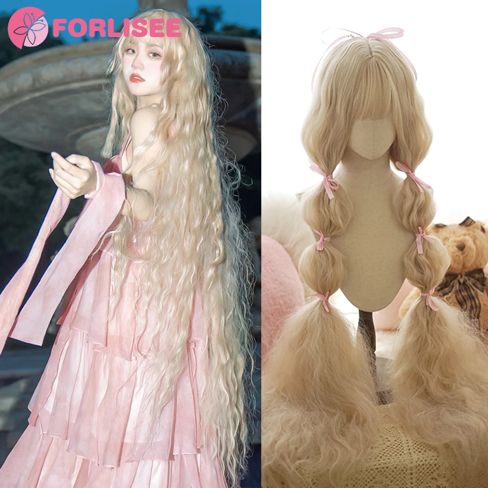 

FORLISEE 43 Inch Long Curly Synthetic Lolita Wig With Bangs Role-playing Wig Light Gold Women's Halloween Daily Wig