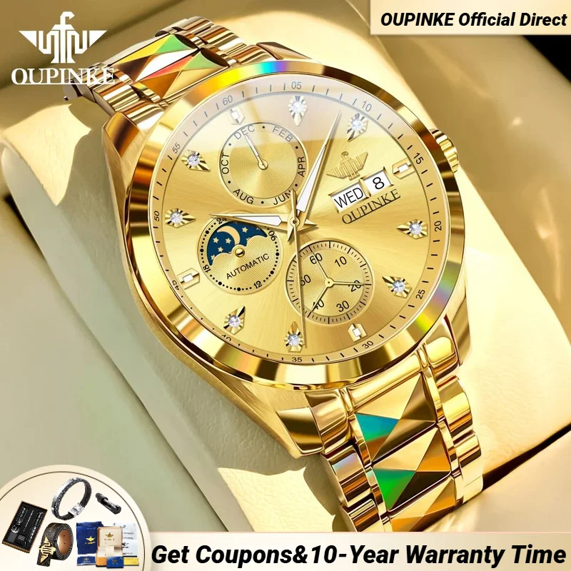 

OUPINKE 3298 Multi-function Watch Men TOP Brand Calendar Diamond Dial Sapphire Mirror Fully Automatic Mechanical Watch High-end