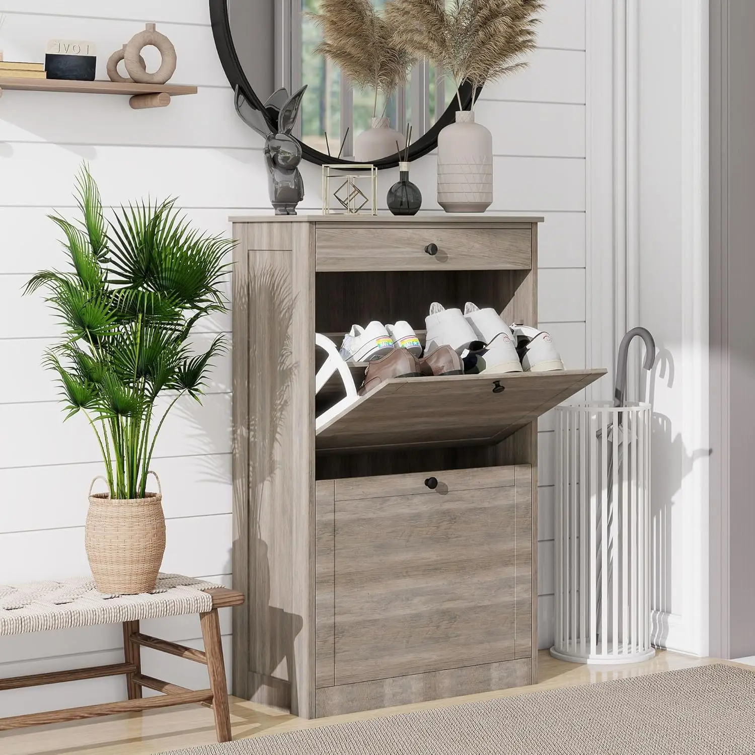

Shoe Cabinet with 2 Flip Drawers, Slim Storage for Entryway, Hallway, Living Room, Rustic Gray