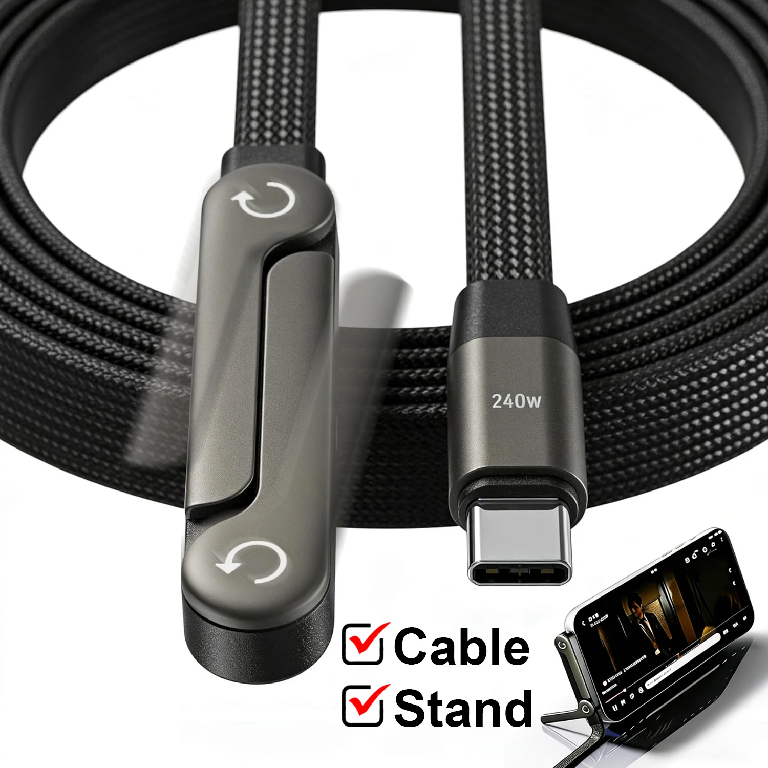 240W Type-C To Type C Cable Elbow Fast Charging Data Cable Foldable Stand Phone Holder For iPhone 17/16/15 For Samsung Charger