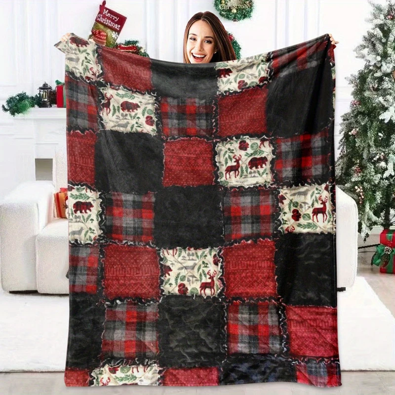 Black Red Deer Faux Patchwork Throw Blanket,Soft Couch,Guest Room Cover,Birthday Anniversary Rustic Winter Tribute